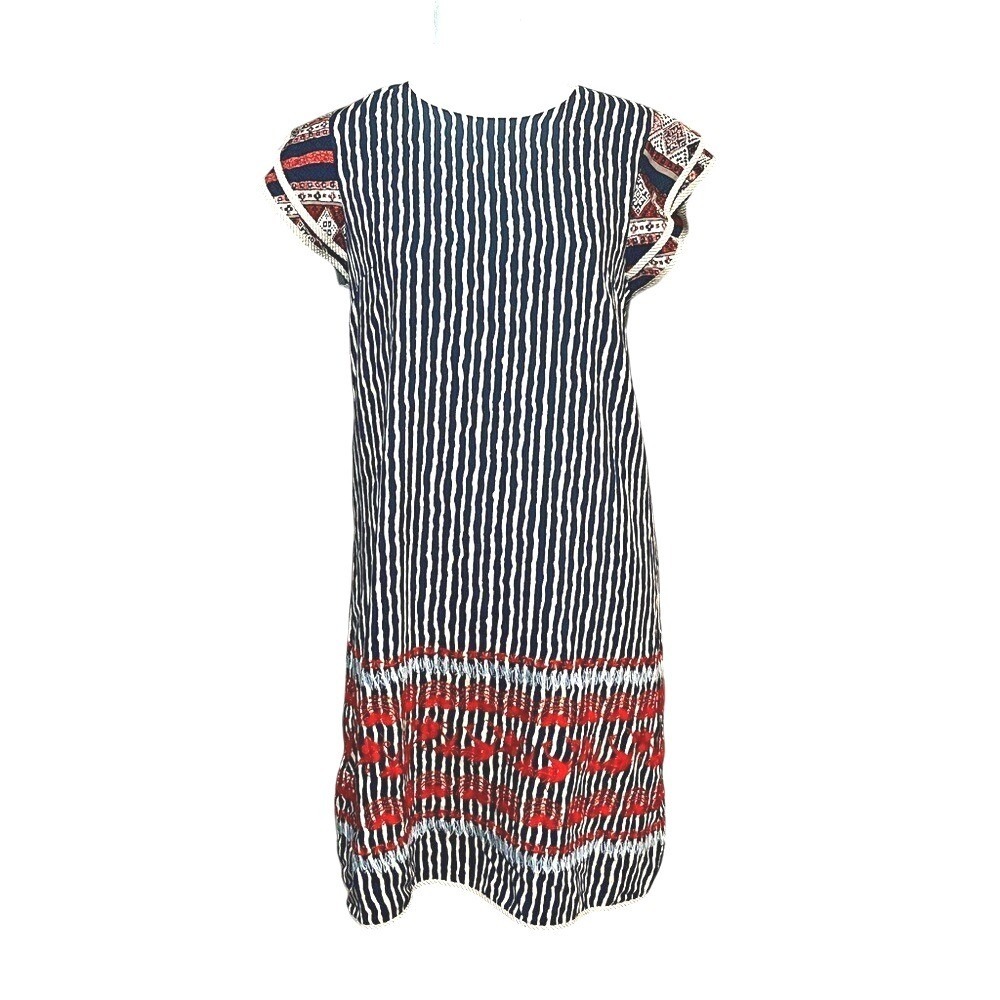 THML Women's Striped Boho Preppy Dress ruffle embroidered RAYON lightweight S